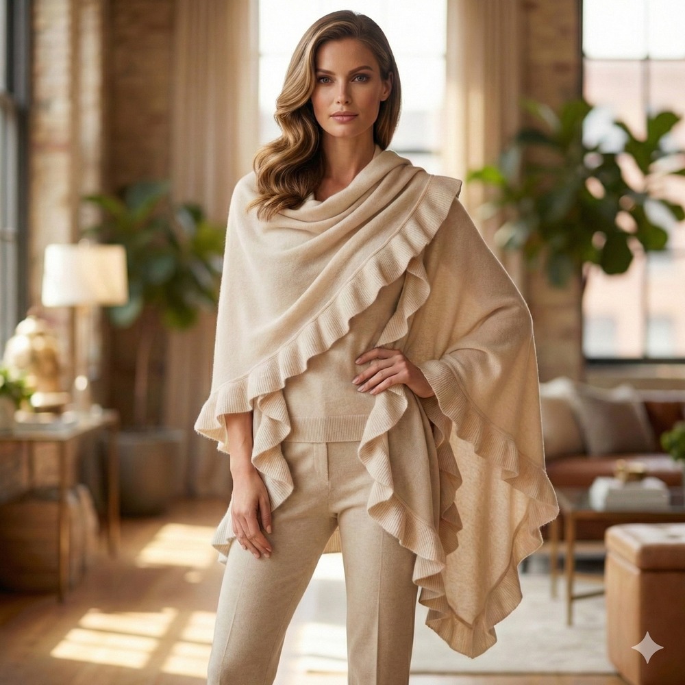 Cejon Womens Cream Acrylic Ruffle Open Front‎ Poncho Shawl Wrap OSFA Neutral